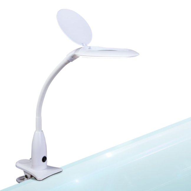 LED lampa na stôl - s lupou - štipcom - biela