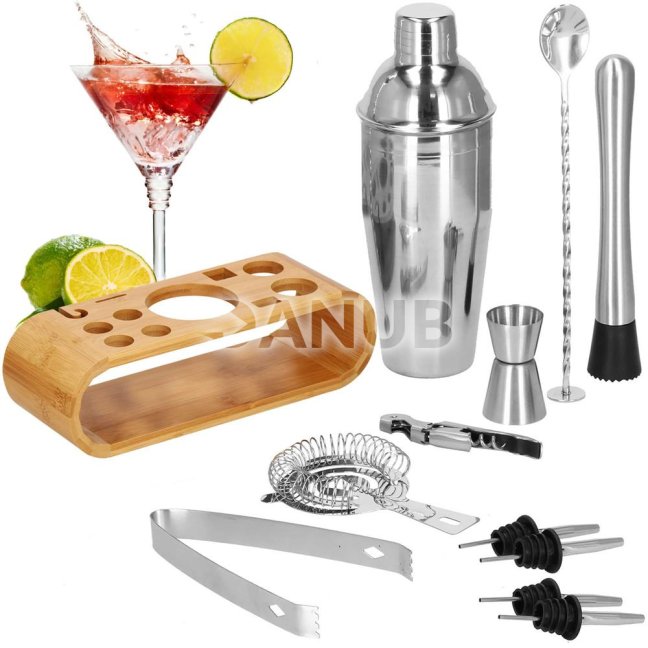 Barmanská súprava na nápoje - 12 prvkov - shaker 750 ml - so stojanom - nerez - strieborná