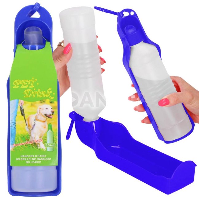 Fľaša na vodu pre psov a mačky s napájadlom - 250 ml - tmavomodrá
