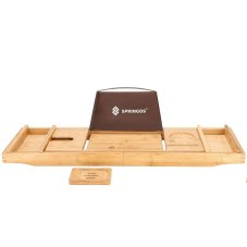Polička na vaňu 75–110,5 cm, bambusová, nastaviteľná, 3 uhly, 2 vyberateľné priehradky, držiaky na pohár, telefón a tablet