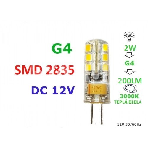 Led žiarovka g4 2w 24smd 2835 teplá biela 200lm 12v dc