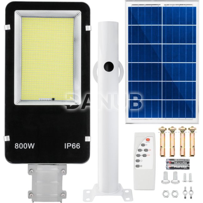 LED solárne pouličné svietidlo 800W - 6500K - 3,2V - 13Ah - s držiakom a diaľkovým ovládaním