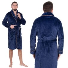 Pánsky plyšový župan - L/XL - tmavomodrý s hnedou
