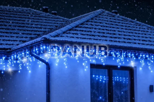 Svetelný záves s cencúľmi vonkajší 60 m, 1500 LED, modrá, flash studená biela – sada 3 ks