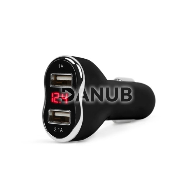 Adaptér do autozapalovača s dvojitým USB portom, s meraním napätia a prúdu - čierny