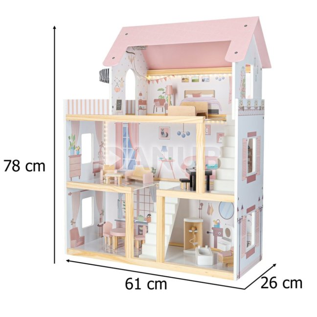 Drevený domček pre bábiky + nábytok - 80cm - ružový