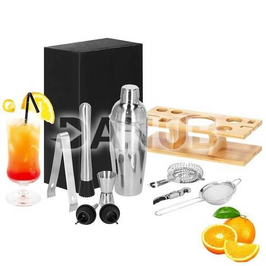 Barmanská súprava na kokteily so stojanom - 11 prvkov - strieborná