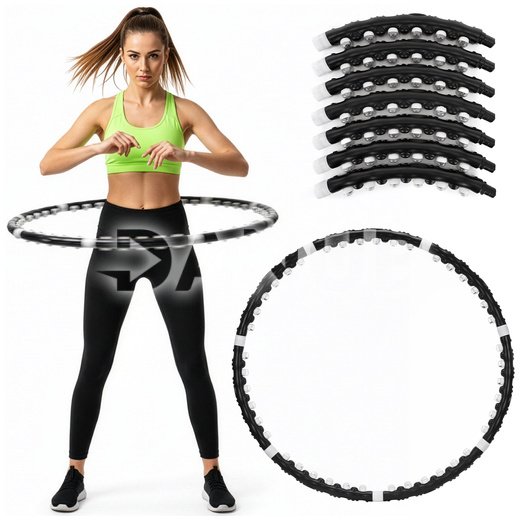 Hula hoop s masážnymi výstupkami - 92 cm - skladací - čierny