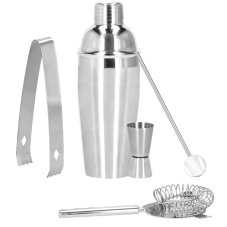 Barmanská súprava na nápoje - 5 prvkov - shaker 750 ml - so stojanom - strieborná