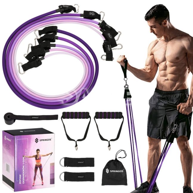 Fitness expandéry na cvičenie - sada 5ks - odpor: 4,5-22,7 kg - fialové