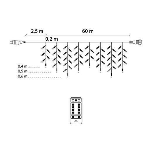 Svetelný záves s cencúľmi vonkajší 60 m, 1500 LED, studená biela, 8 programov, časovač, ovládač – sada 3 ks