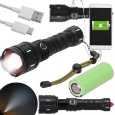 LED multifunkčná taktická baterka so zoomom - nabíjateľná - čierna