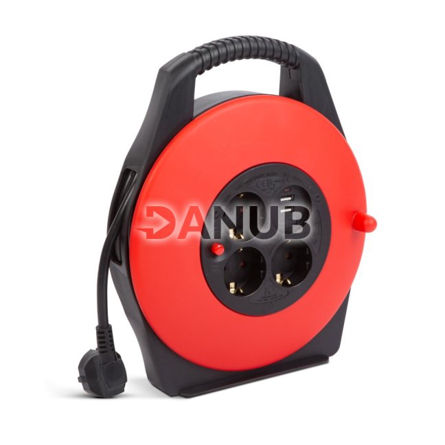 Káblový bubon s plastovým držiakom - 3 x 1,5 mm² - 2 x USB - 10 m
