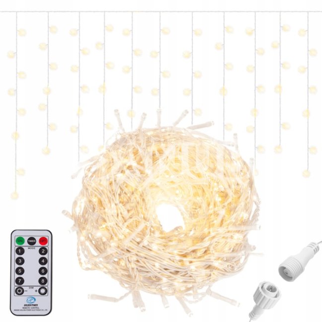 Svetelný záves s cencúľmi vonkajší 60 m, 1500 LED, teplá biela, 8 programov, časovač, ovládač – sada 3 ks