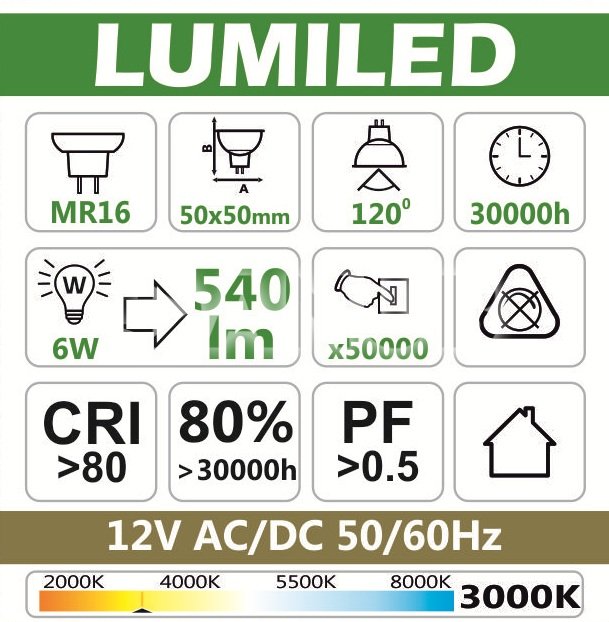 LED ŽIAROVKA MR16 12V 6W TEPLÁ BIELA 540LM