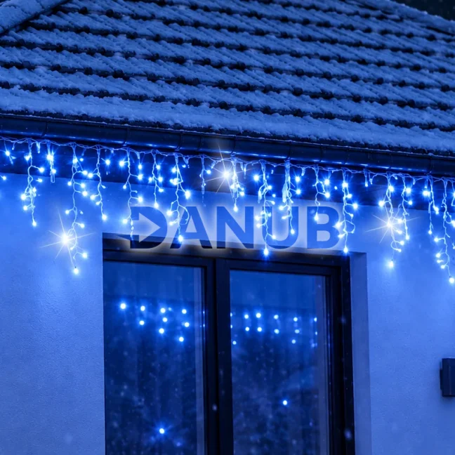 Svetelný záves s cencúľmi vonkajší 60 m, 1500 LED, modrá, flash studená biela – sada 3 ks